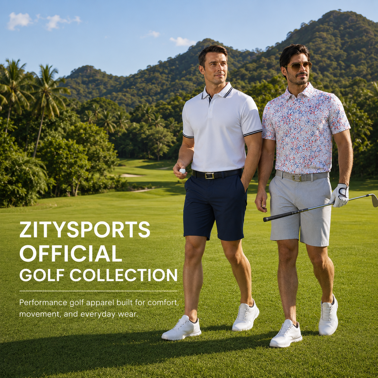 Two men wearing ZITYSPORTS golf apparel on a golf course